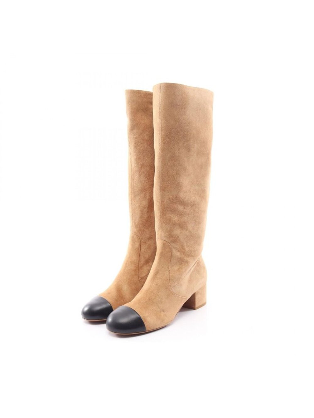 Chanel Boots CC Logo Long Beige Suede Leather